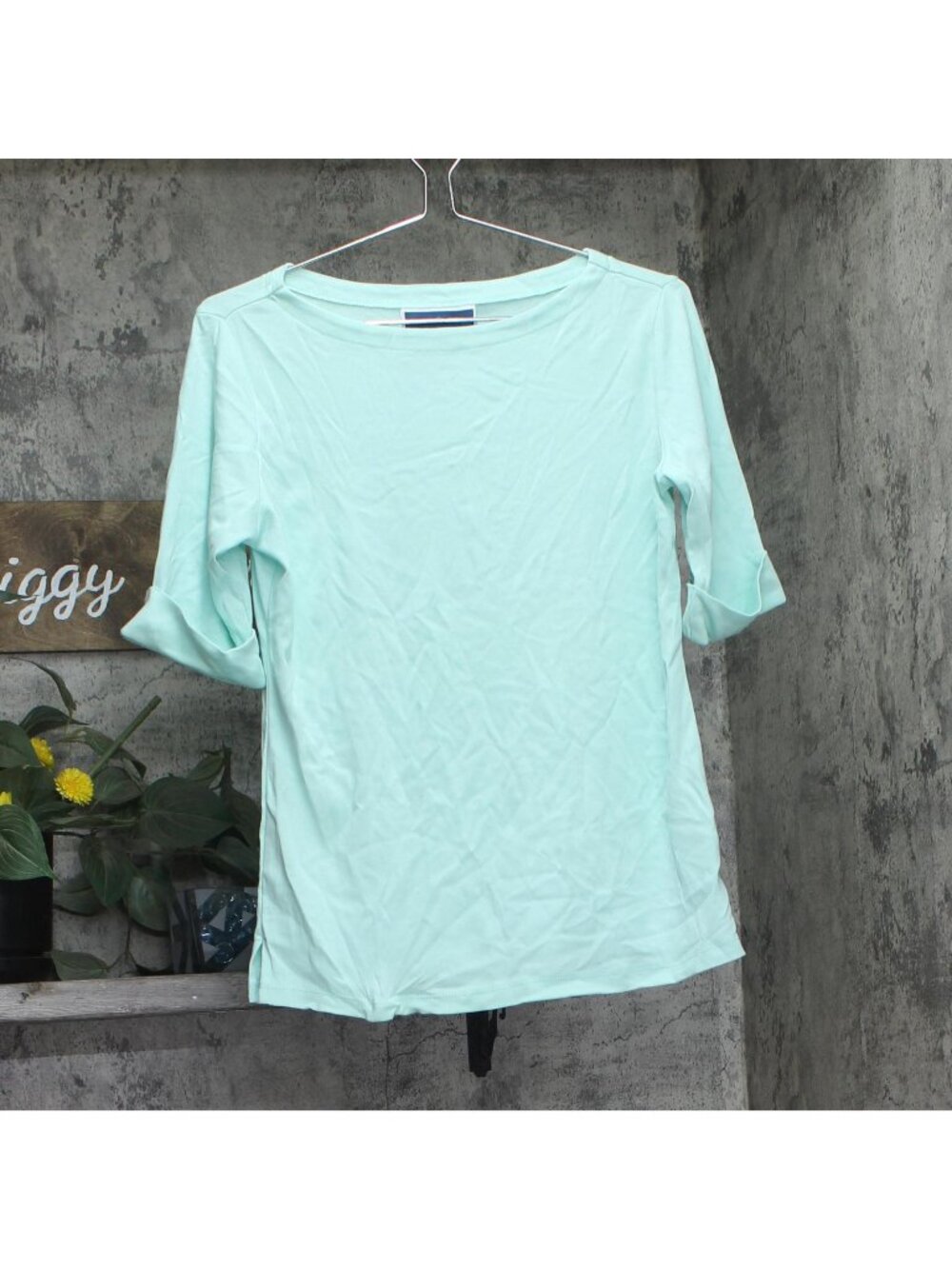 Karen Scott Womens Boat Neck 1/2 Sleeve Knit Shirt Top Aqua Blue Green S